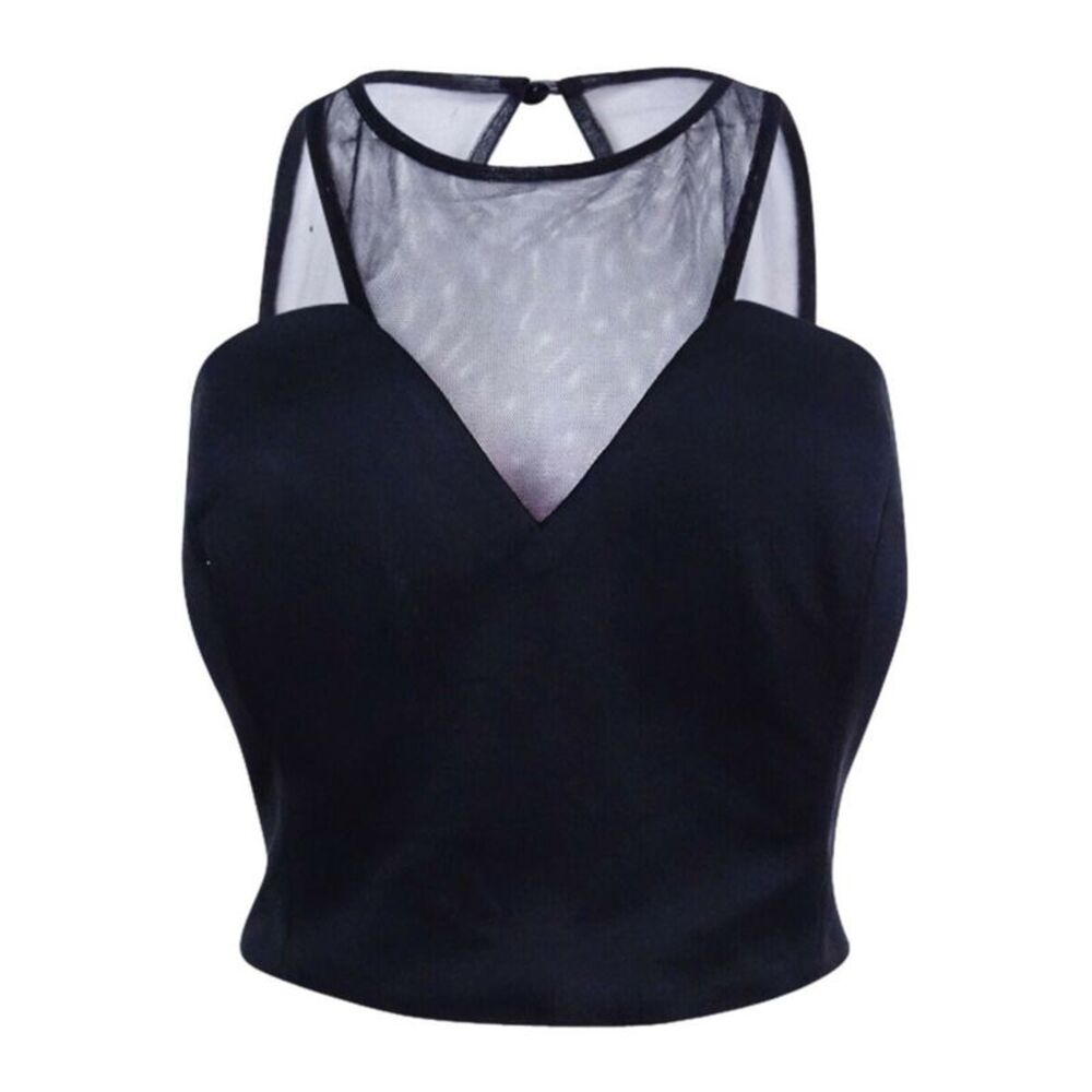 NWT NIGHTS BY TEEZE ME Womens Crop Top Black Illusion Neckline Juniors S